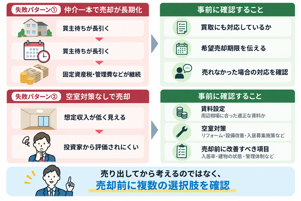 収益物件売却で、仲介のみでの長期化や空室対策不足による失敗パターンと、買取対応・売却期限・賃料設定・空室対策など売却前に確認すべきポイントを示した図。